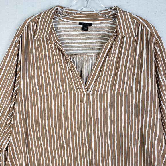 Ann Taylor Popover Top Blouse Striped Latte Brown White Rayon V-neck size XL - Picture 2 of 11